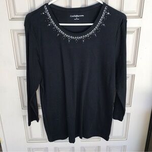 Croft & Barrow Tee Shirt Round Neck Blk SzL Beaded Neckline 3/4 Sleeves Nice